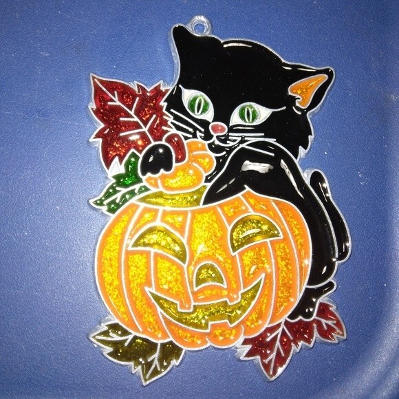 Vintage cat and jack o lantern sun catcher kitten pumpkin Halloween metal - Picture 2 of 5